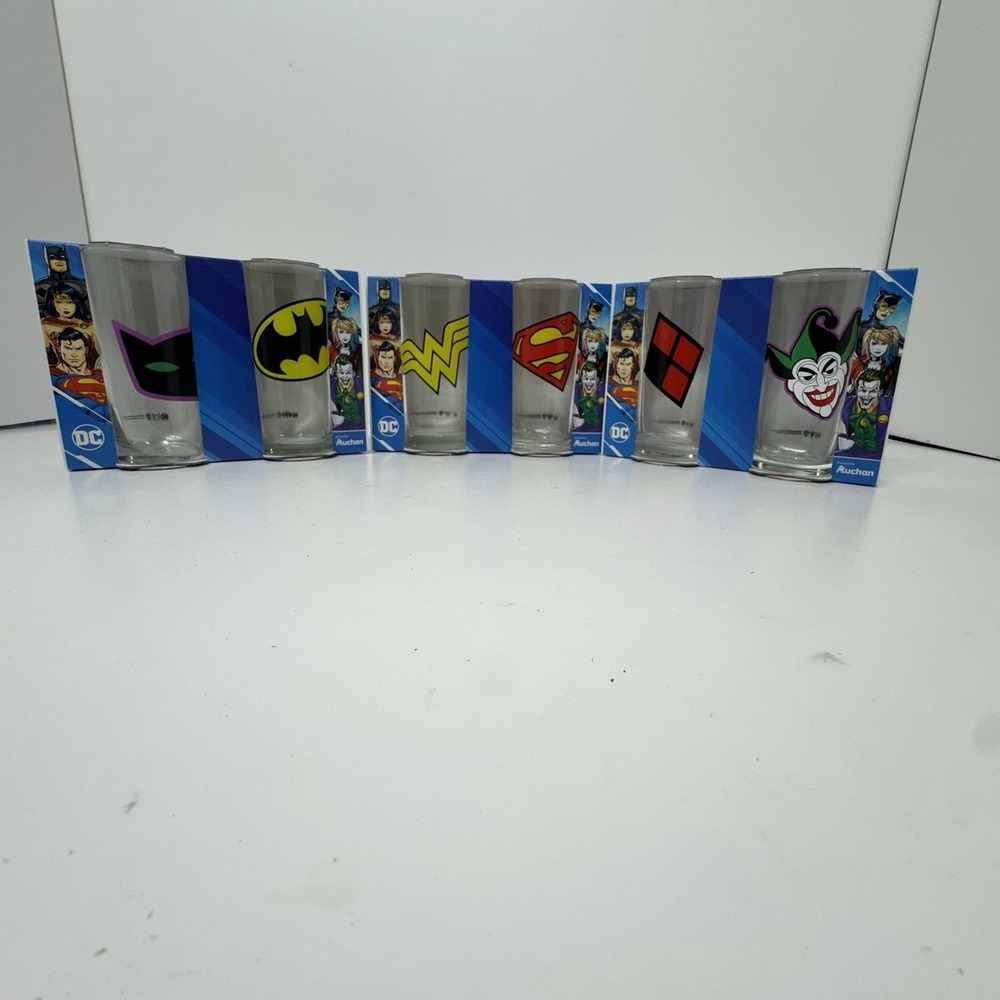 DC Comics 6 Glass Set Batman Superman Wonder Woman Joker Harley Catwoman